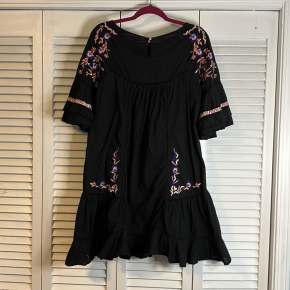 FREE PEOPLE Pavlo Embroidered Ruffle Boho Lined Dress Black Babydoll Large - Picture 7 of 11
